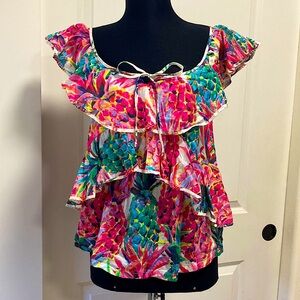 J.CREW Gorgeous Layered Colorful Pineapple Print Sexy Low Cut Ruffled Tank Top 2
